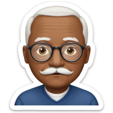 an elderly man with medium-dark skin tone, bald on top with short white hair at the sides, thick white eyebrows, large brown eyes, and wears black-framed glasses.
A small white mustache sits above his mouth sticker