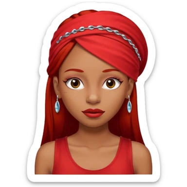 light-skinned black girl with very long eyelashes with long strait dark brown hair with edges wearing a red top with no sleeves. and a red accessory on her head with nose and mouth piercings and is a baddie and looks like a bad girl. sticker