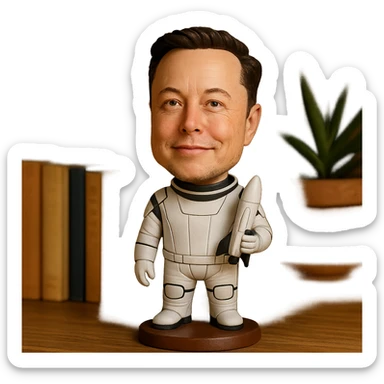 bobblehead of Elon Musk in a space suit holding a small rocket sticker