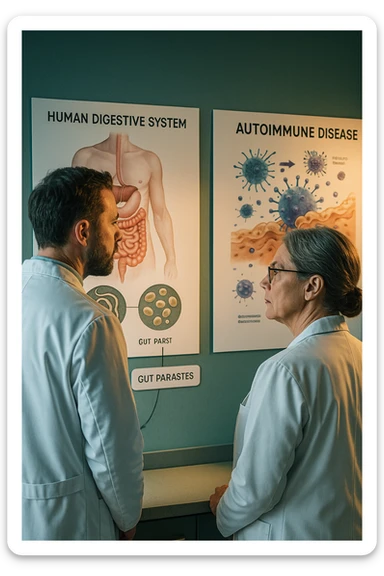 In italiano Realistic, detailed photo taken from behind of two doctors—a bearded man and a middle-aged woman—standing side by side in a modern medical office, intently studying a large, illuminated medical chart on the wall. The chart displays a detailed diagram of the human digestive system, highlighting the intestines and showing microscopic images of intestinal parasites. Next to it, another chart illustrates the immune system attacking healthy tissues, visually connecting gut parasites to autoimmune disease mechanisms. The room is bathed in a single green-blue color, with a warm, yellow-orange light casting soft shadows around the doctors. Both wear white coats and have serious, focused expressions, suggesting a deep discussion about the root causes of autoimmune conditions. Shot with a Canon EOS R5, with high detail, natural depth of field, and a clinical yet dramatic atmosphere. sticker