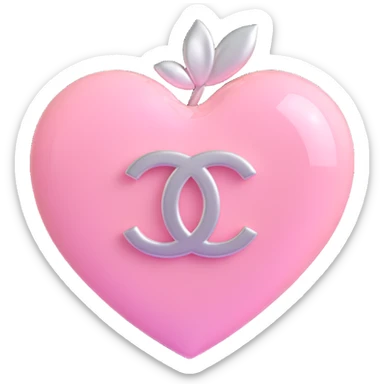 Remove the diamond accent, keep only the glossy white heart with a soft pink glow and silver Chanel logo, elegant, white and silver color scheme, 3D emoji style, keep the background transparent except for the glow. sticker