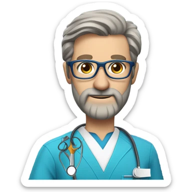 male dark blond haired doctor with grey van dyke beard with hazel eyes and small wire-rimmed glasses in blue scrubs holding a large paintbrush and jigsaw sticker