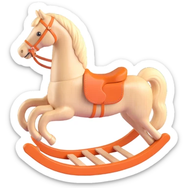 rocking horse, 3D, light maple wood, vintage style, Hermès orange saddle, no text sticker