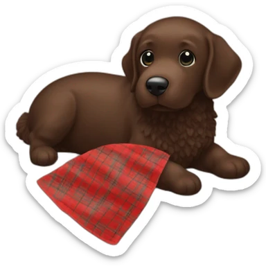 Chocolate brown colored doodle with a red and black flannel hankerchief holding a plush salmon fish chew toy sticker