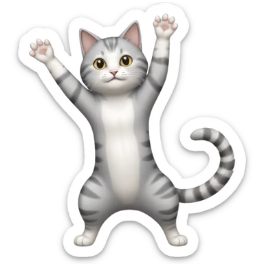 grey and white cat doing a big long stretch reaching up into the air with arms and legs side by side together sticker