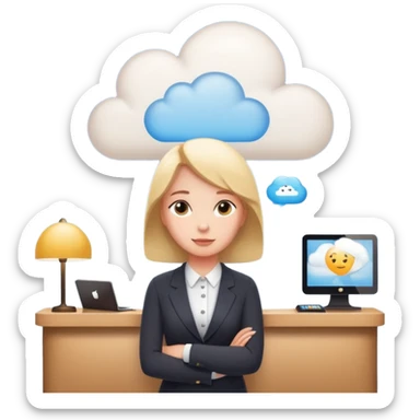 A thinking person with a thought cloud showing a modern hotel reception — front desk, receptionist, suitcases, cozy lighting. Cute emoji style, soft and clean.
 sticker