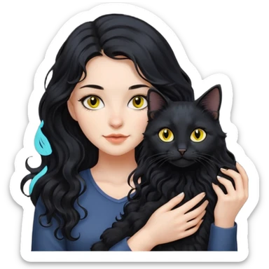 una ragazza di circa 25 anni, capelli lunghi ondulati neri con in braccio un gatto nero sticker