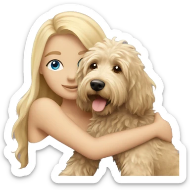blonde girl with straight hair and blue eyes hugging an australian labradoodle sticker