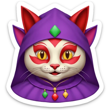 crazy colorful cute little cat jolly joker from poker, medieval, vintage, court jester, mac os icon, purple and red color, half body. The cat is represented as Code inside a retro computer terminal sticker