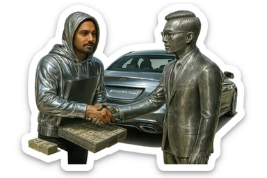 Make only the Indian man's hoodie chrome, keeping his skin and face natural. Add a goatee to the man. Include money on the side and a chrome AMG car in the scene. Keep the background transparent. sticker