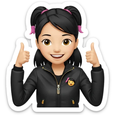 A girl with a pony tail black hair and Asian tan skin, Asian eyes, with a black jacket and a black purse, laughing with arms crossed giving a thumbs up  sticker