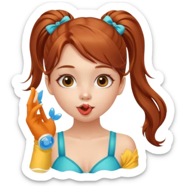 A cute ukrainian girl, with long auburn hair two side ponytails, in a bathing costume, she's blowing a kiss. sticker