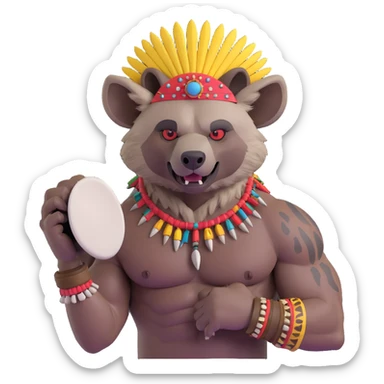 A native strong buff hyena with war bonnet flexing posing holding human head  sticker