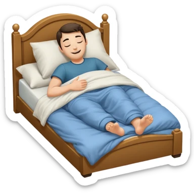 A man in bed laying down under covers kicking feet in air because so excited to sleep. Eyes are closed and he is smiling. Arms down and put him under covers but show feet. sticker