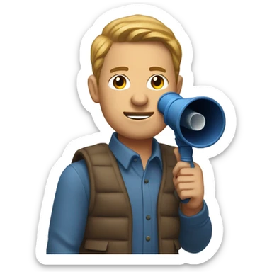 Finance bro with light brown short flow hair and puffer vest over blue shirt speaking into a megaphone sticker