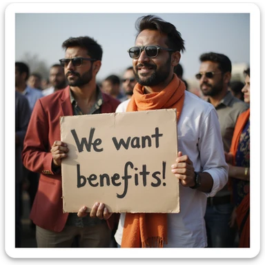 group of indian customers holding a board written "We want benefits" sticker