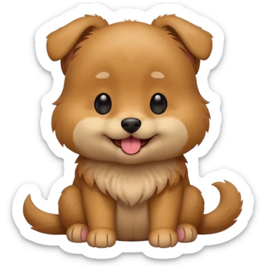 Cute small brown fluffy dog emoji icon. Round face, short muzzle, light brown fur with slightly darker ears, small black nose, happy smiling expression with tongue out. Soft friendly eyes, sitting pose with front paws together. Simple clean vector style, minimal details, kawaii style. sticker
