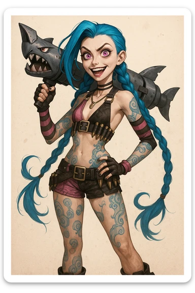 slender athletic young woman with long electric blue hair in two thick braids, bright pinkish-purple eyes, manic mischievous expression, punk-inspired outfit with cropped top, striped arm sleeves, mismatched shorts with belts, knee-high boots, adorned with bullet belts and pouches, blue tattoos in swirling mechanical patterns on arms legs torso, holding shark-faced rocket launcher sticker