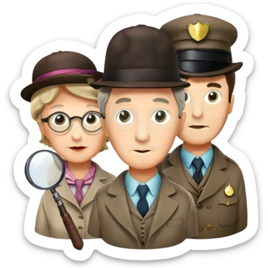 Icon for Detective Movies: A colorful collage with Sherlock Holmes, Miss Marple, and Pinkerton. Include magnifying glasses, clues, detective tools, a criminal and a policeman in the background. The design should evoke mystery and intrigue, with a classic detective movie feel. Transparent background. sticker