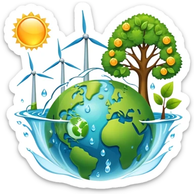 An icon featuring a green Earth, a tree, recycling symbols, and renewable energy sources like wind turbines, solar panels, and hydropower. The design includes animals, water droplets, and the sun, representing ecology, sustainable energy, and environmental protection. Transparent background. sticker