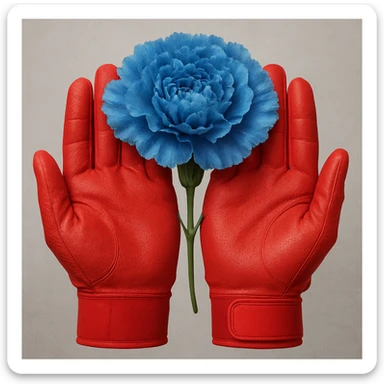 A pair of red batting gloves held together, palms facing out, arranged to form the shape of a blue carnation flower. sticker