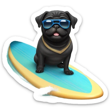 Black pug surfing in the ocean sticker