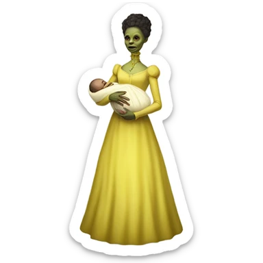  Reptilian alien woman, full body, in victorian jellow elegant dress, holds a newborn white humman baby sticker