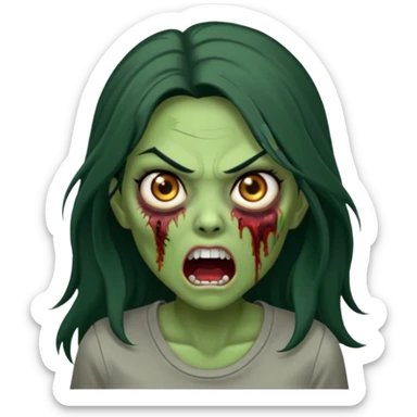 Uma zumbi mulher, verde, do cabelo longo e preto, com uma blusa marrom meio cinza, com uma expressão como se fosse atacar, boca aberta e olhos arregalados sticker