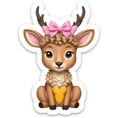 cute gazzelle with curly fur, sitting down, wearing a pink bow on its head.   sticker