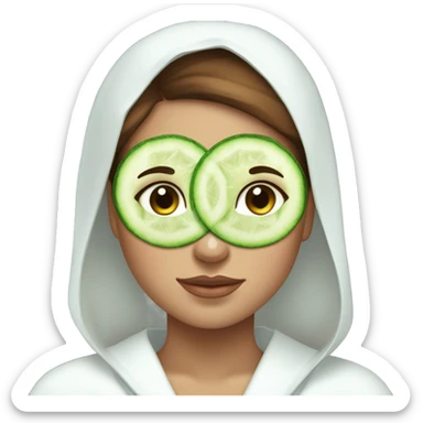 Girl with freackles Brown hair white skin and blue eyes wears Green skin care mask while She relaxes and two round piece cucumber on her closed eyes In a white Robe sticker