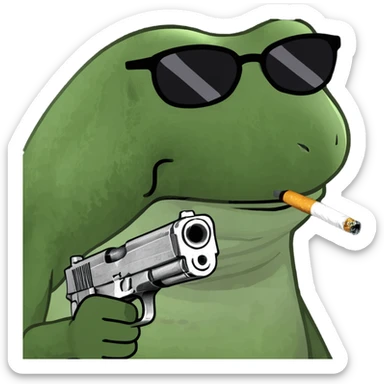 bufo frog meme with a cigarette in his mouth, wearing MLG sunglasses, holding a gun sticker