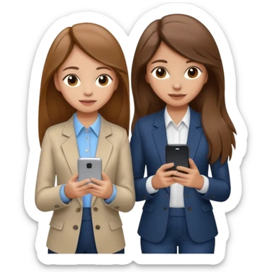 two brown haired girls, looking professional maybe leaned on each others back and looking forward and using phones, with long hair and one girl can hold lap top another one can hold the phone, professional clothes, more stylish sticker
