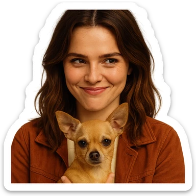 Portrait centered for Instagram profile picture inspired by the facial features visible in the reference images, with a tanned complexion, subtle freckles, shirt color #FFF8CA, rust-colored jacket, medium-length brown hair with auburn highlights, expression mischievous and mocking, holding a beige-brown chihuahua, Netflix series style, transparent background, intimate Tenerife ambiance. sticker