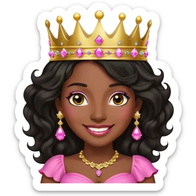 Crown dark black women smiling with really longer lightly WAVY hair pink dress pink crown facing forward black hair middle age adult woman gold gems in crown gold earrings  one woman smiling wink head only sticker
