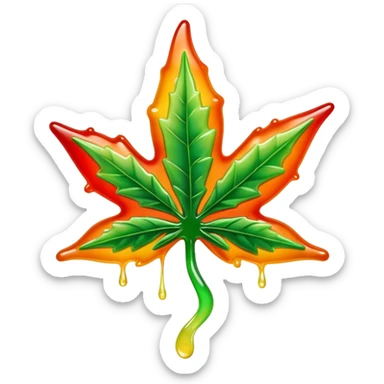 bright colorful gusher gummy shaped like a marijuana leaf with visible liquid center and liquid dripping sticker