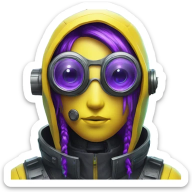Secret human yellow emoji face agent with  cyberpunk elements with a spyglass scanning looking reviewing multicolor lines of code, cyan and purple colors, only upper body portrait sticker