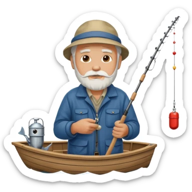 an old white haired, bearded man in fisherman attire, stood in a boat at sea, holding a fishing rod and catching fish with it. sticker