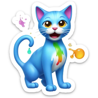 A cute cat character looking unwell, with a colorful stream of liquid coming from its mouth, depicted in a cartoonish and playful style sticker