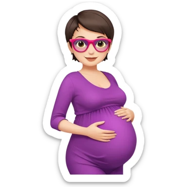pregnant stylish woman with short pixie brunette hair happily touching her big belly while wearing fashionable clothes and colorful shades sticker