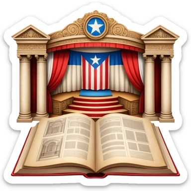 Vintage open book centered on elaborate theater scenography sketches, technical drawings of stage elements, set models on parchment pages, Puerto Rican flag elements throughout the designs sticker
