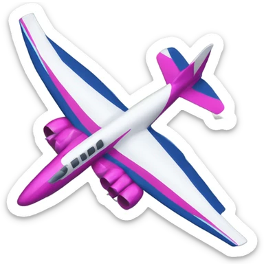 A plane with a mainly white fuselage, a vibrant fuchsia rear transitioning to dark blue on the tail and wings, a blue-and-white tail design, gray metallic wings, and bright fuchsia engines. sticker