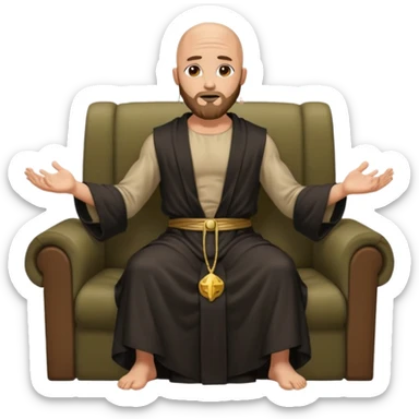 fullbody bald jesus christ jacked, sleeveless and unbuttoned in black robe sitting with elbows on armrests sticker