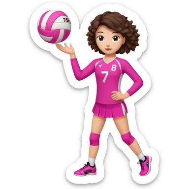 une joueuse de volley de debout (on voit ses jambes) qui joue (blanche brune avec des cheveux longs boucles) (avec une tenue ROSE avec le numéro 7) et une balle rose sticker