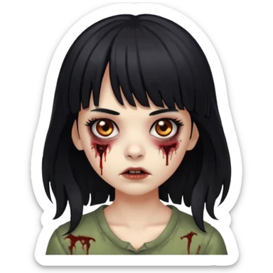 Zombie girl, black hair with bangs, slightly wavy, layered haircut,long hair,long eyelashes, black eyes,iOS style sticker
