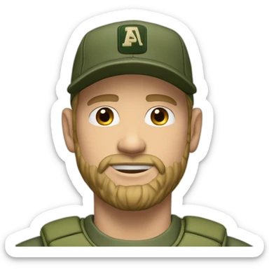 white man with short beard wearing a army green baseball cap with AP letters logo sticker