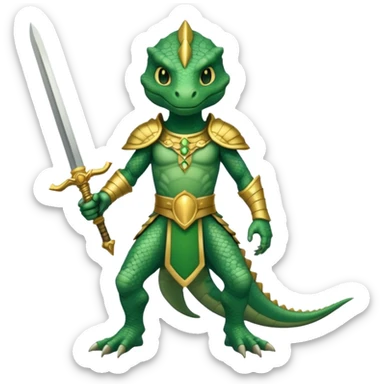 full body reptilian humanoid in ancient outfit holding a gold sword sticker