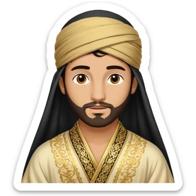 
-Apariencia: Joven de unos 25-30 años, atractivo,.
-Rostro: Ojos oscuros, piel ligeramente morena, rasgos árabes finos.
-Cabello: Negro, algo rizado o suelto, con barba fina.
-cuerpo entero Cuando se revela su identidad, puede llevar una túnica más oriental, con faja y turbante sencillo. sticker