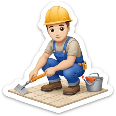 Moldovan builder laying floor tiles, construction worker with a trowel sticker
