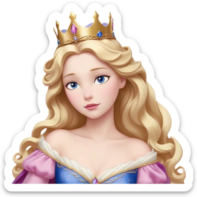 Cinematic Realistic Sleeping Beauty (Aurora) Portrait, with porcelain-like skin featuring a natural rosy flush, illuminated by soft lighting that highlights the gentle contours of her face. Her golden blonde hair flows in soft, detailed waves with subtle highlights that shimmer in the light. Her deep violet-blue eyes radiate warmth and innocence, framed by arched brows and long lashes. Her serene expression exudes quiet elegance. She is dressed in her classic pink gown, the fabric rich in texture with delicate folds that catch the light. A golden crown rests atop her head, gleaming with royal refinement. The portrait captures a soft, glowing aura, blending realism with an ethereal sense of beauty and timeless enchantment. sticker