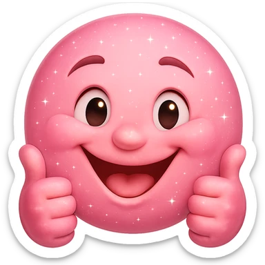 Make the pink sparkly smiley face with two thumbs up look friendlier and less creepy, with a warm, genuine smile and softer eyes. Keep the sparkles and pink color. No background. The style is a pink sparkly emoji with sparkles and thumbs up. sticker